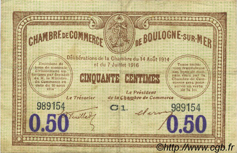 50 Centimes FRANCE regionalismo e varie Boulogne-Sur-Mer  1920 JP.031.26 BB to SPL