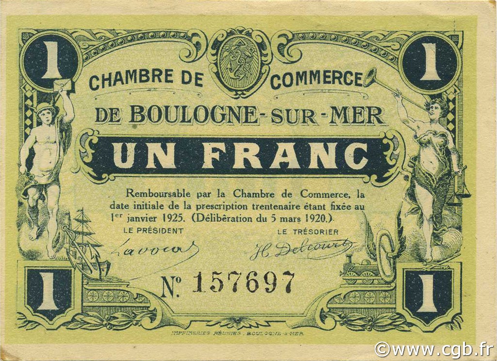 1 Franc FRANCE Regionalismus und verschiedenen Boulogne-Sur-Mer  1920 JP.031.27 fST to ST