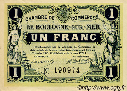 1 Franc FRANCE regionalismo y varios Boulogne-Sur-Mer  1920 JP.031.27 MBC a EBC