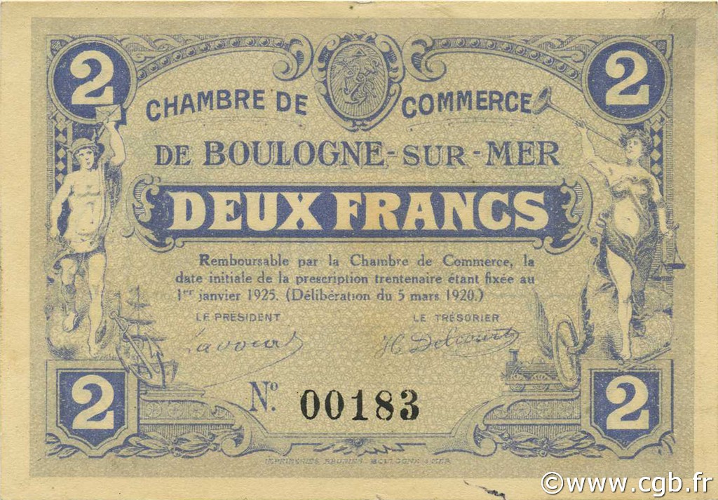 2 Francs FRANCE Regionalismus und verschiedenen Boulogne-Sur-Mer  1920 JP.031.28 SS to VZ