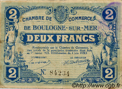2 Francs FRANCE Regionalismus und verschiedenen Boulogne-Sur-Mer  1920 JP.031.28 S
