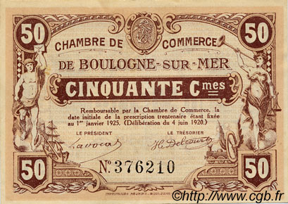 50 Centimes FRANCE regionalismo e varie Boulogne-Sur-Mer  1920 JP.031.29 BB to SPL