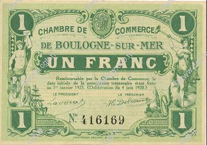 1 Franc FRANCE regionalismo y varios Boulogne-Sur-Mer  1920 JP.031.30 SC a FDC