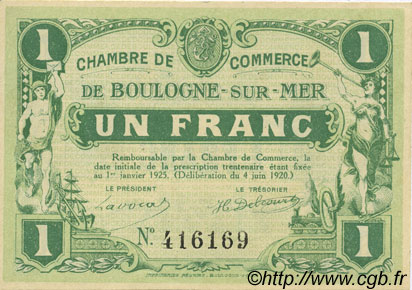 1 Franc FRANCE Regionalismus und verschiedenen Boulogne-Sur-Mer  1920 JP.031.30 SS to VZ