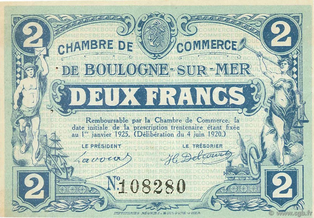 2 Francs FRANCE Regionalismus und verschiedenen Boulogne-Sur-Mer  1920 JP.031.31 SS to VZ