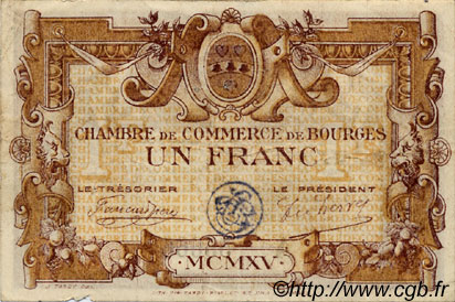 1 Franc FRANCE regionalism and various Bourges 1915 JP.032.06 F