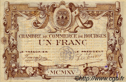 1 Franc FRANCE Regionalismus und verschiedenen Bourges 1915 JP.032.07 SS to VZ