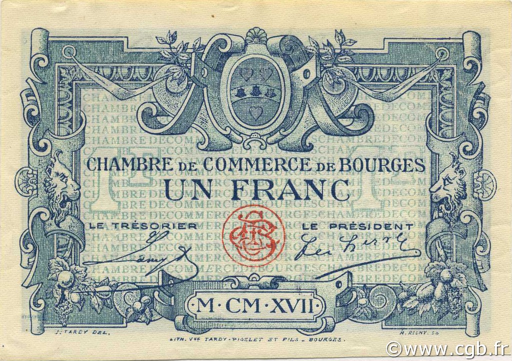 1 Franc FRANCE Regionalismus und verschiedenen Bourges 1917 JP.032.09 fST to ST