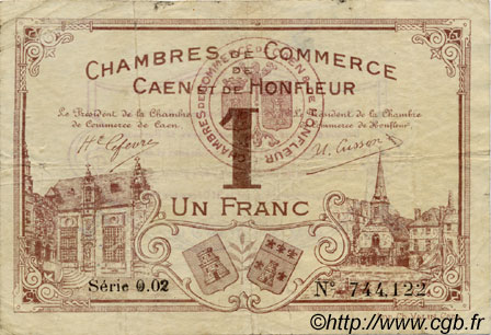 1 Franc FRANCE regionalismo e varie Caen et Honfleur 1920 JP.034.01 MB