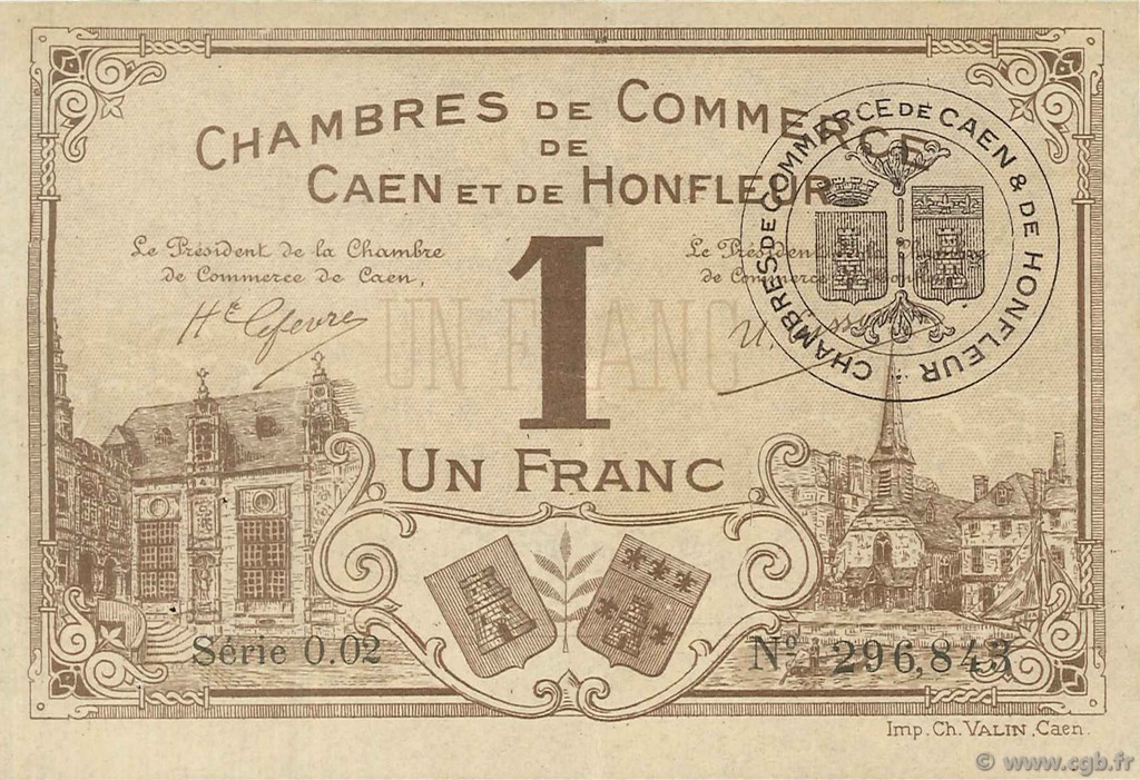1 Franc FRANCE Regionalismus und verschiedenen Caen et Honfleur 1920 JP.034.03 SS to VZ
