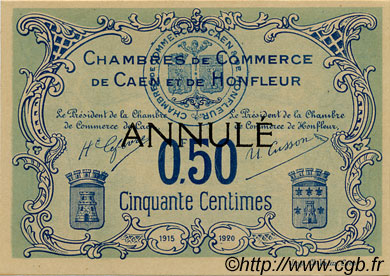50 Centimes Annulé FRANCE regionalismo e varie Caen et Honfleur 1918 JP.034.05 AU a FDC