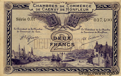2 Francs FRANCE regionalismo y varios Caen et Honfleur 1918 JP.034.10 MBC a EBC
