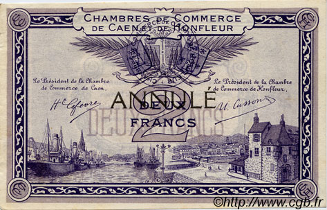 2 Francs Annulé FRANCE regionalism and miscellaneous Caen et Honfleur 1918 JP.034.11 VF - XF