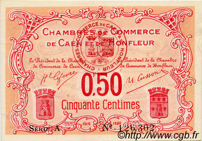 50 Centimes FRANCE regionalism and various Caen et Honfleur 1918 JP.034.12 VF - XF