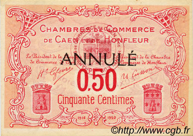 50 Centimes Annulé FRANCE regionalism and various Caen et Honfleur 1918 JP.034.13 AU+