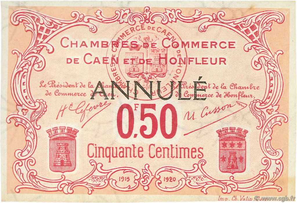 50 Centimes Annulé FRANCE regionalism and miscellaneous Caen et Honfleur 1918 JP.034.13 VF - XF