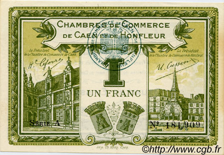 1 Franc FRANCE Regionalismus und verschiedenen Caen et Honfleur 1918 JP.034.14 fST to ST