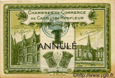 1 Franc Annulé FRANCE Regionalismus und verschiedenen Caen et Honfleur 1920 JP.034.15 SS to VZ