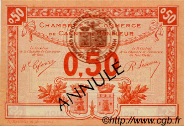 50 Centimes Annulé FRANCE regionalism and various Caen et Honfleur 1918 JP.034.17 VF - XF