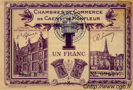 1 Franc FRANCE Regionalismus und verschiedenen Caen et Honfleur 1918 JP.034.22 SS to VZ