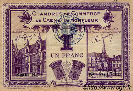 1 Franc FRANCE Regionalismus und verschiedenen Caen et Honfleur 1918 JP.034.22 S