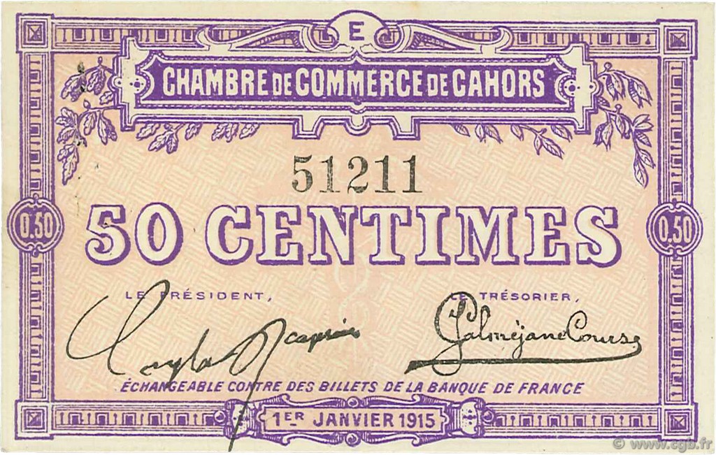 50 Centimes FRANCE regionalism and various Cahors 1915 JP.035.05 VF - XF