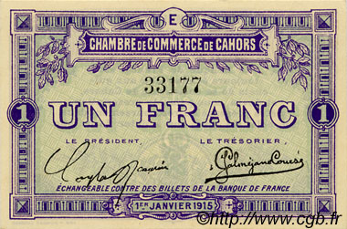 1 Franc FRANCE regionalism and miscellaneous Cahors 1915 JP.035.07 AU+