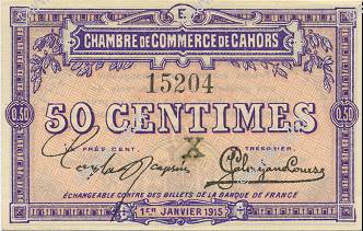 50 Centimes FRANCE regionalism and various Cahors 1915 JP.035.09 AU+