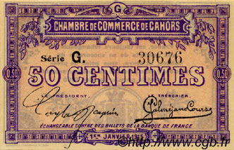 50 Centimes FRANCE regionalism and miscellaneous Cahors 1915 JP.035.12 AU+