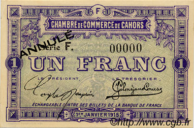 1 Franc Annulé FRANCE regionalismo y varios Cahors 1915 JP.035.15 SC a FDC