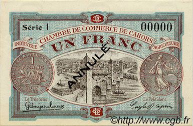 1 Franc Annulé FRANCE regionalism and miscellaneous Cahors 1917 JP.035.20 AU+