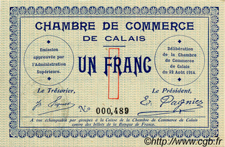 1 Franc FRANCE régionalisme et divers Calais 1914 JP.036.03 SPL à NEUF