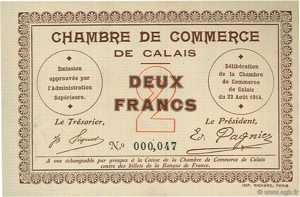 2 Francs FRANCE regionalismo e varie Calais 1914 JP.036.05 AU a FDC