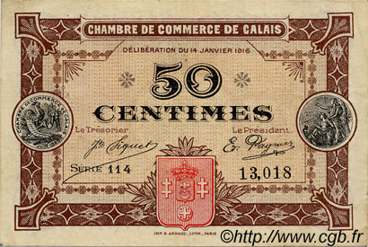 50 Centimes FRANCE regionalismo y varios Calais 1916 JP.036.21 MBC a EBC
