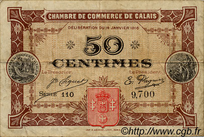 50 Centimes FRANCE régionalisme et divers Calais 1916 JP.036.21 TB