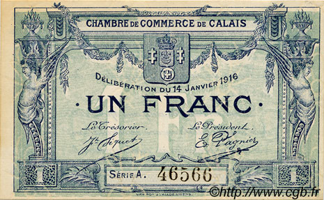 1 Franc FRANCE regionalism and various Calais 1916 JP.036.30 VF - XF