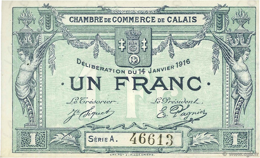 1 Franc FRANCE regionalismo y varios Calais 1916 JP.036.31 MBC a EBC