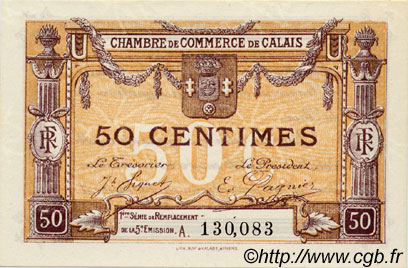 50 Centimes FRANCE regionalism and various Calais 1918 JP.036.33 AU+