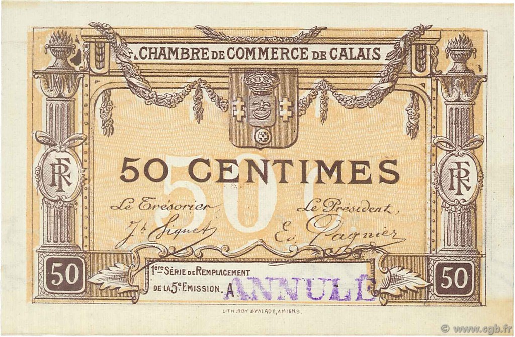 50 Centimes Annulé FRANCE Regionalismus und verschiedenen Calais 1918 JP.036.34 SS to VZ