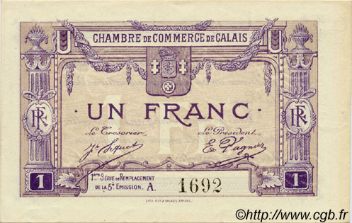 1 Franc FRANCE regionalismo y varios Calais 1918 JP.036.37 SC a FDC