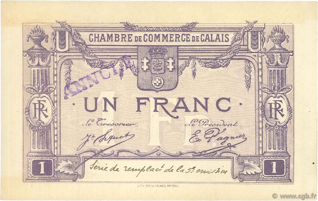 1 Franc Annulé FRANCE Regionalismus und verschiedenen Calais 1918 JP.036.39 SS to VZ