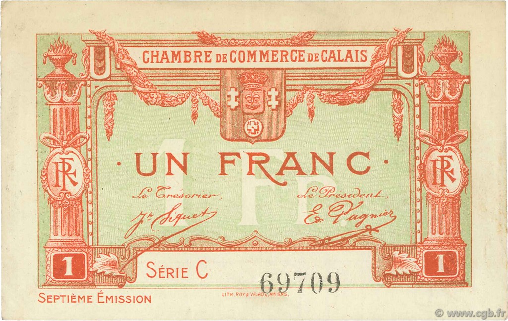 1 Franc FRANCE Regionalismus und verschiedenen Calais 1918 JP.036.41 SS to VZ