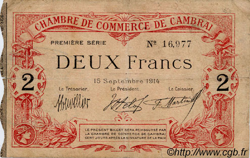 2 Francs FRANCE regionalismo y varios Cambrai 1914 JP.037.02 BC