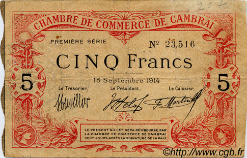5 Francs FRANCE régionalisme et divers Cambrai 1914 JP.037.03 TB