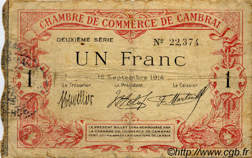 1 Franc FRANCE regionalismo y varios Cambrai 1914 JP.037.11 BC
