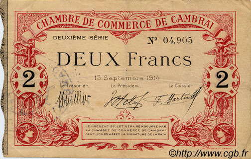 2 Francs FRANCE regionalismo e varie Cambrai 1914 JP.037.13 BB to SPL