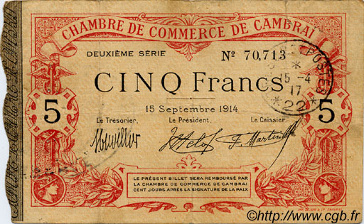 5 Francs FRANCE regionalismo e varie Cambrai 1914 JP.037.14 BB to SPL