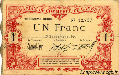 1 Franc FRANCE régionalisme et divers Cambrai 1914 JP.037.21 TTB à SUP