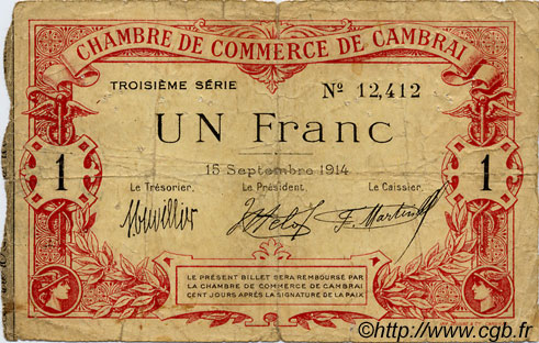 1 Franc FRANCE régionalisme et divers Cambrai 1914 JP.037.21 TB