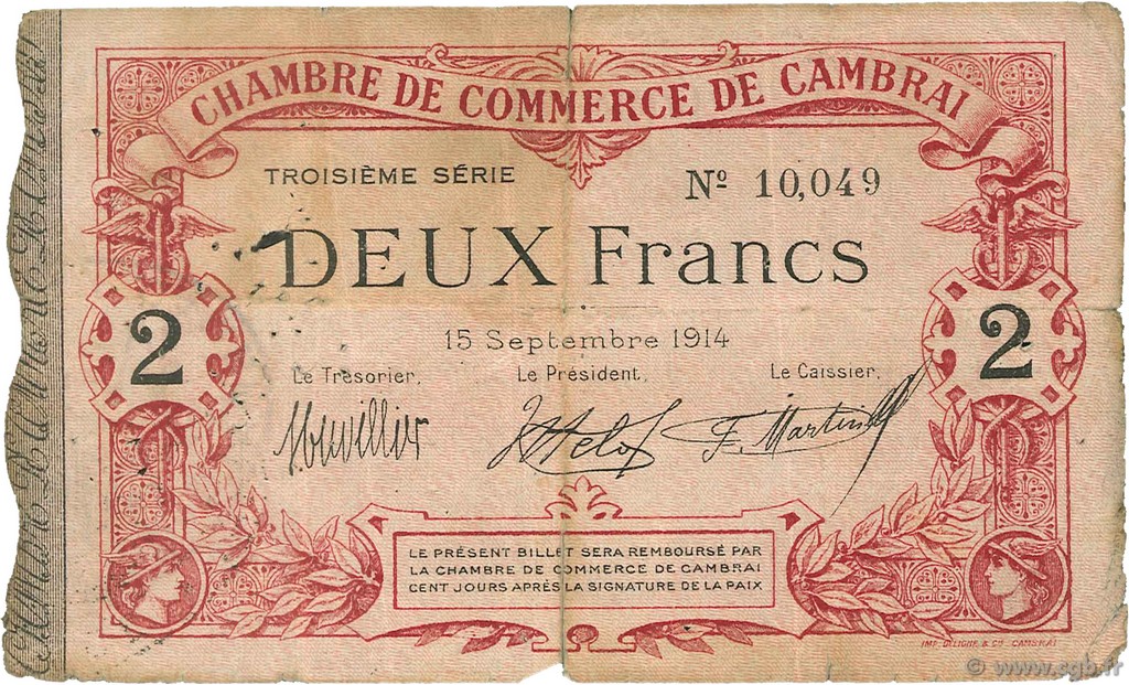 2 Francs FRANCE regionalism and various Cambrai 1914 JP.037.22 F